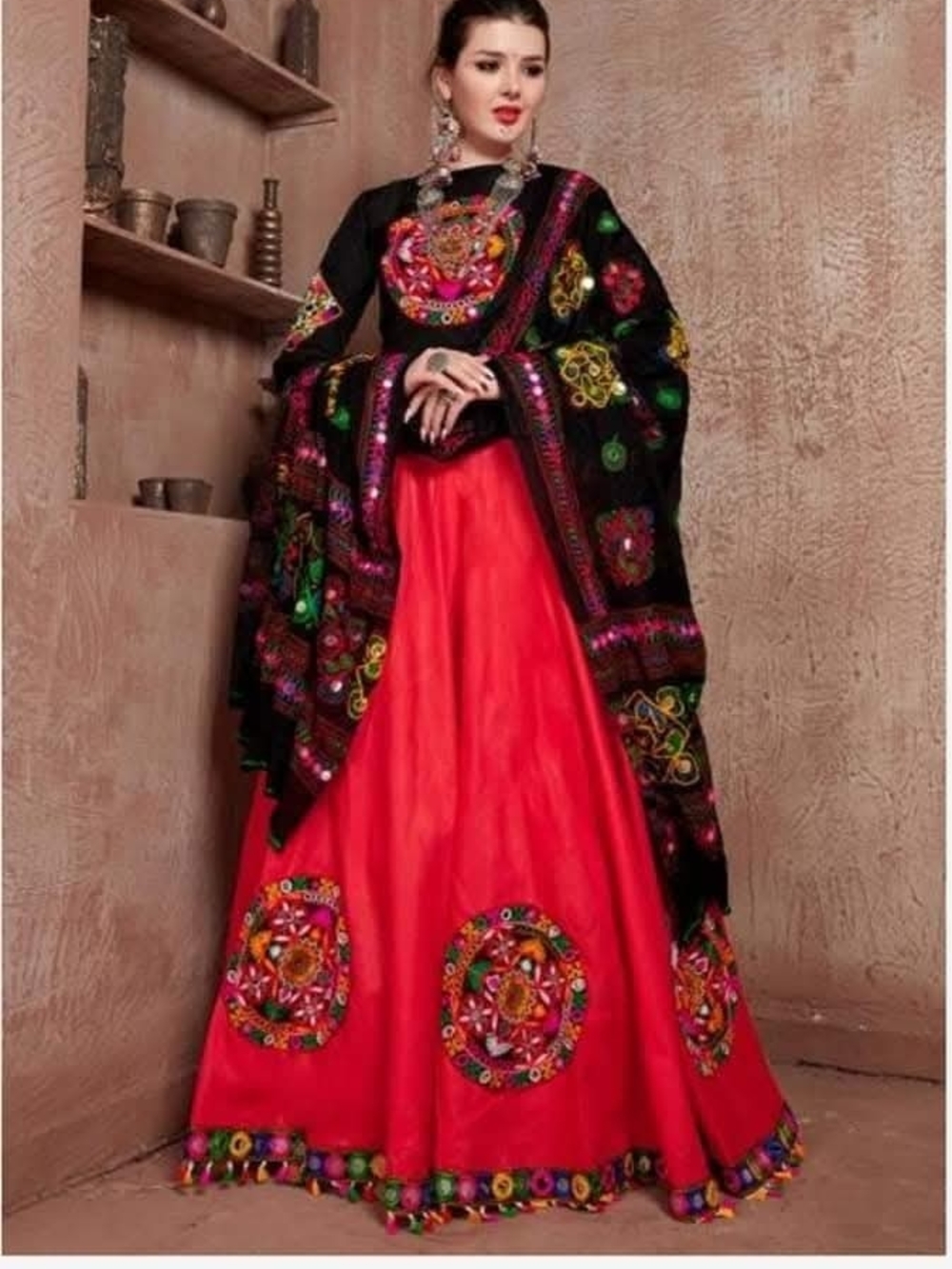 Embroidered Black & Red Maxi Dress with Decorative Skirt